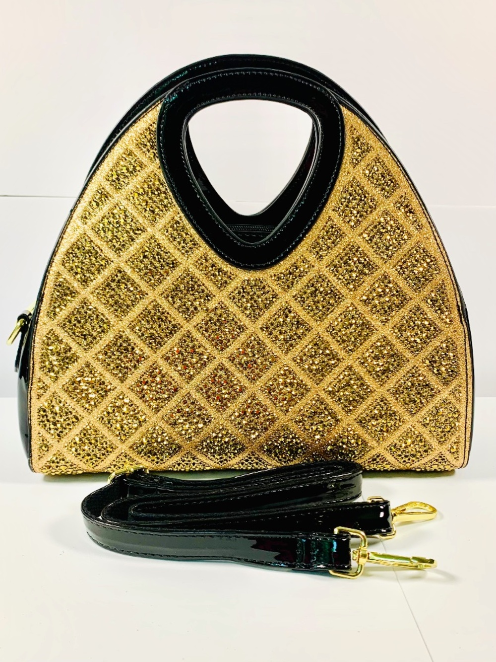 Bling gold rhinestone bag top handle formal black patent leather crossbody glam
